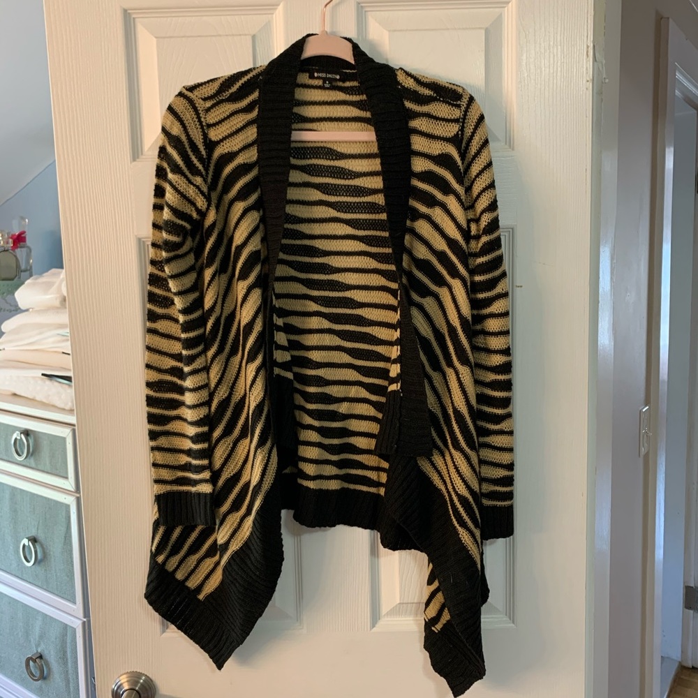 Camel and black striped asymmetrical cardigan